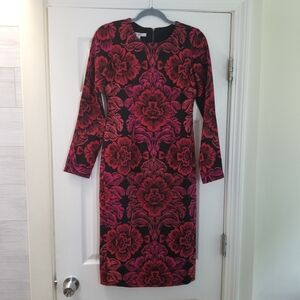 Maggy London Long Sleeve Red Pink Damask Floral Crepe Dress Sz 2